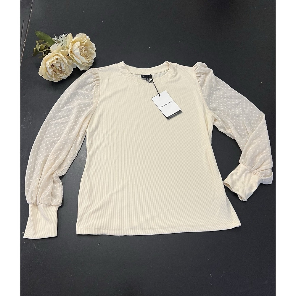 Who What Wear NWT Cream Sheer Polka Dot Balloon Sleeve Ribbed Blouse Sz XL